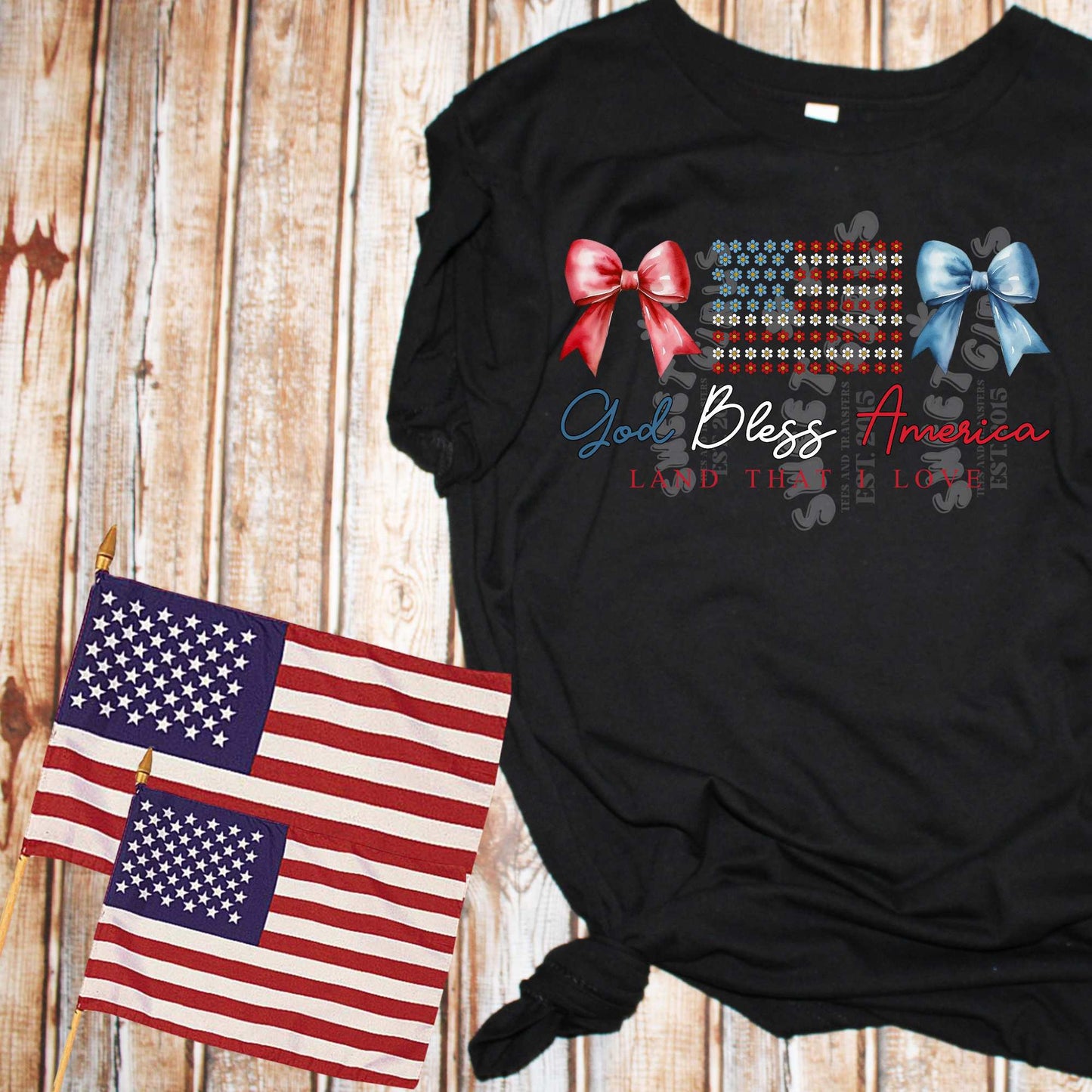 God Bless America Bows and Stars DTF Transfer – Patriotic Iron-On for July 4th Shirts – Red White Blue Heat Transfer DIY Decor