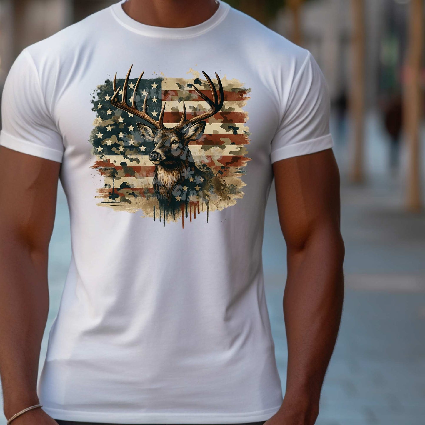 Rustic Flag Deer Head – Patriotic Hunting DTF Transfer – Ready to Press Heat Transfer Sticker for Shirts, Bags, or Gear