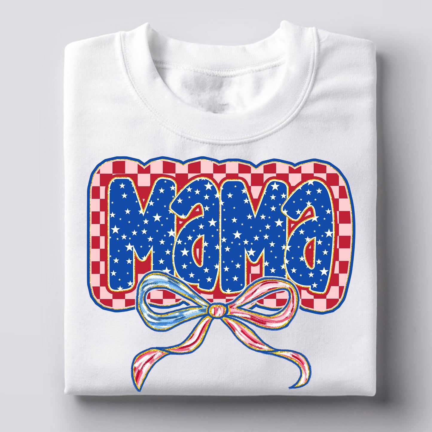 Checkered Patriotic Mama with Stars Bows DTF Transfer – July 4th Iron-On Heat Transfer – Direct to Film USA Design for T-Shirts, Sweatshirts & More