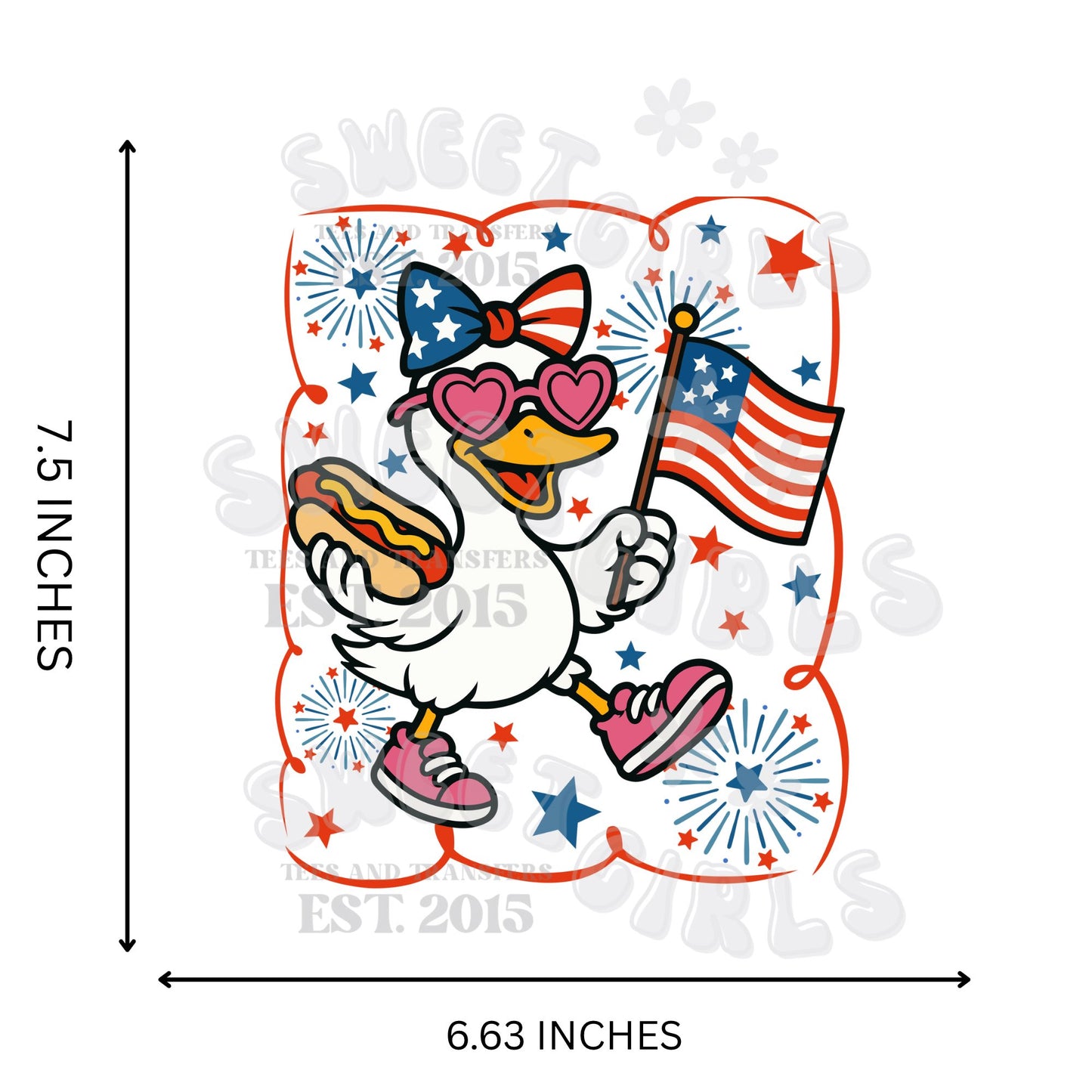 7.5 inch Youth Duck with Bow 4th of July DTF Transfer – Patriotic Fireworks Iron-On – USA Flag Hot Dog Summer Shirt Heat Transfer for Kids – Washable & Durable
