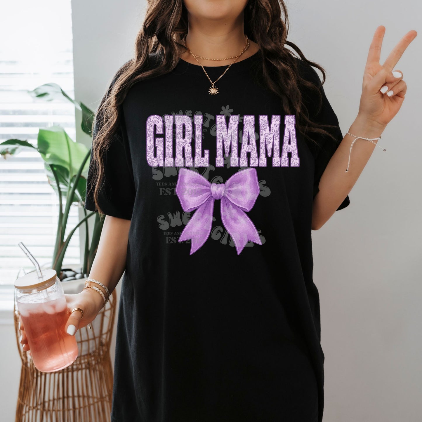 GIRL MAMA Lavender Bow DTF Transfer – Soft Purple Floral Letters Iron-On – Cute Feminine Mom Life Heat Transfer for Shirts, Sweatshirts, Totes – Press Ready