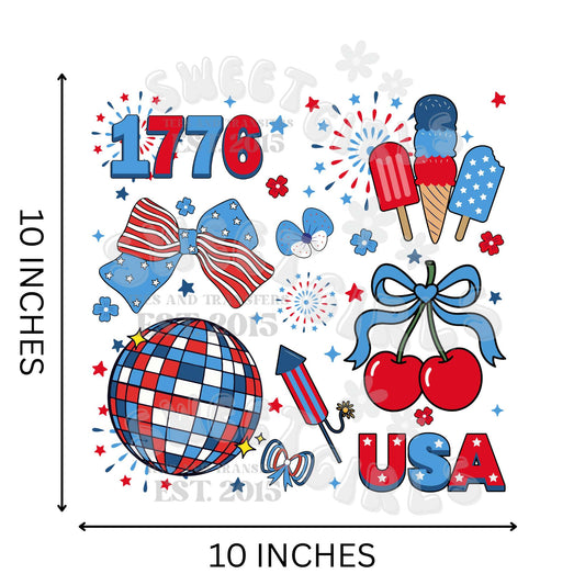 Fourth of July Kawaii USA Icons DTF Transfer – Cute Popsicle, Cherry, Bow HEAT TRANSFER – Direct to Film Iron-On for Shirts, Bags, Decor – Washable, Press Ready Patriotic Stickers