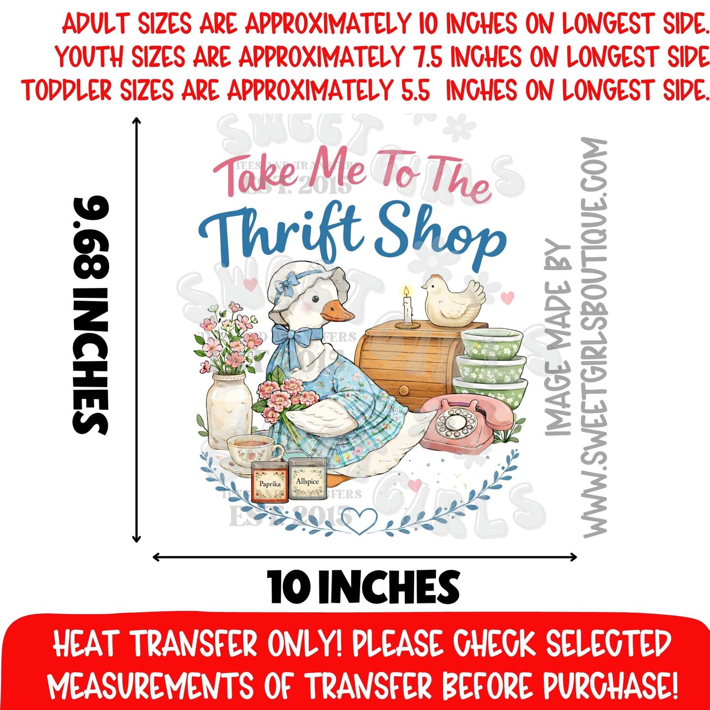 TAKE ME TO THE THRIFT SHOP DUCK GRANDMA CORE HEAT TRANSFER NOT A SHIRT DTF PRINT