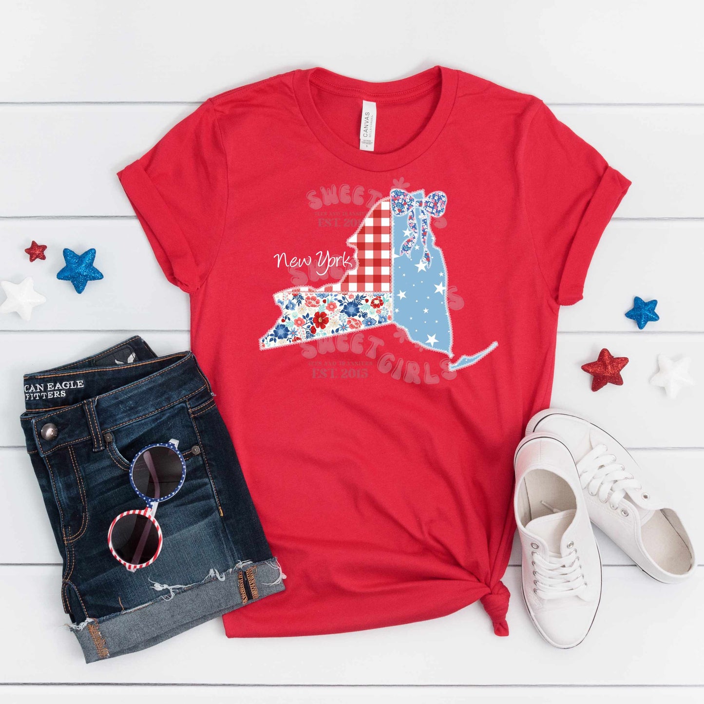 New York State Floral Patchwork Heat Transfer – Ready to Press Patriotic Bow Design – USA Floral Gingham & Stars Iron-On Transfer for Shirts, Bags, and More – Trendy Heat Transfer