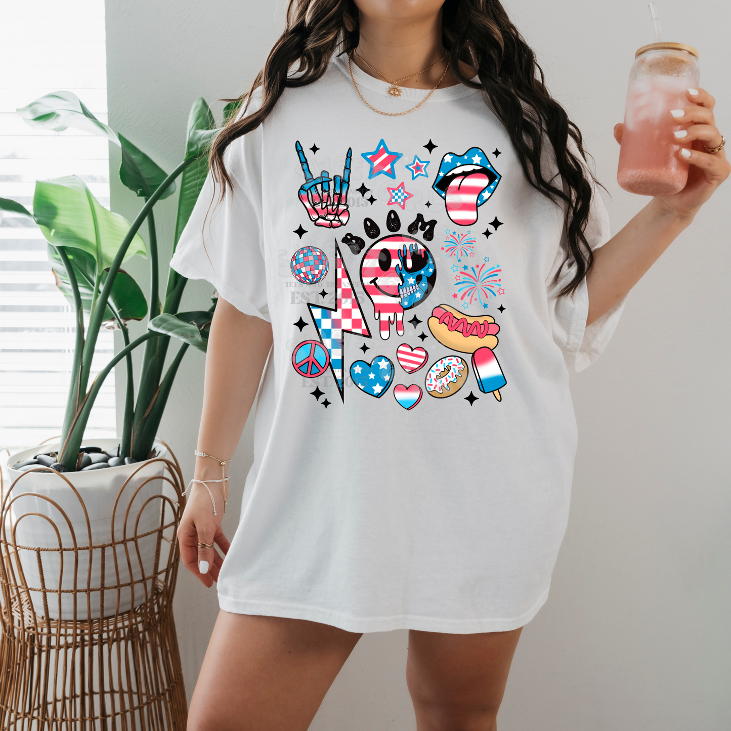 4th of July Icon DTF Transfer – Patriotic Smiley, Fireworks & Peace Sign Iron-On – Ready to Press DTF Heat Transfer for USA T-Shirts & Fabric Decor – Washable & Iron-Ready