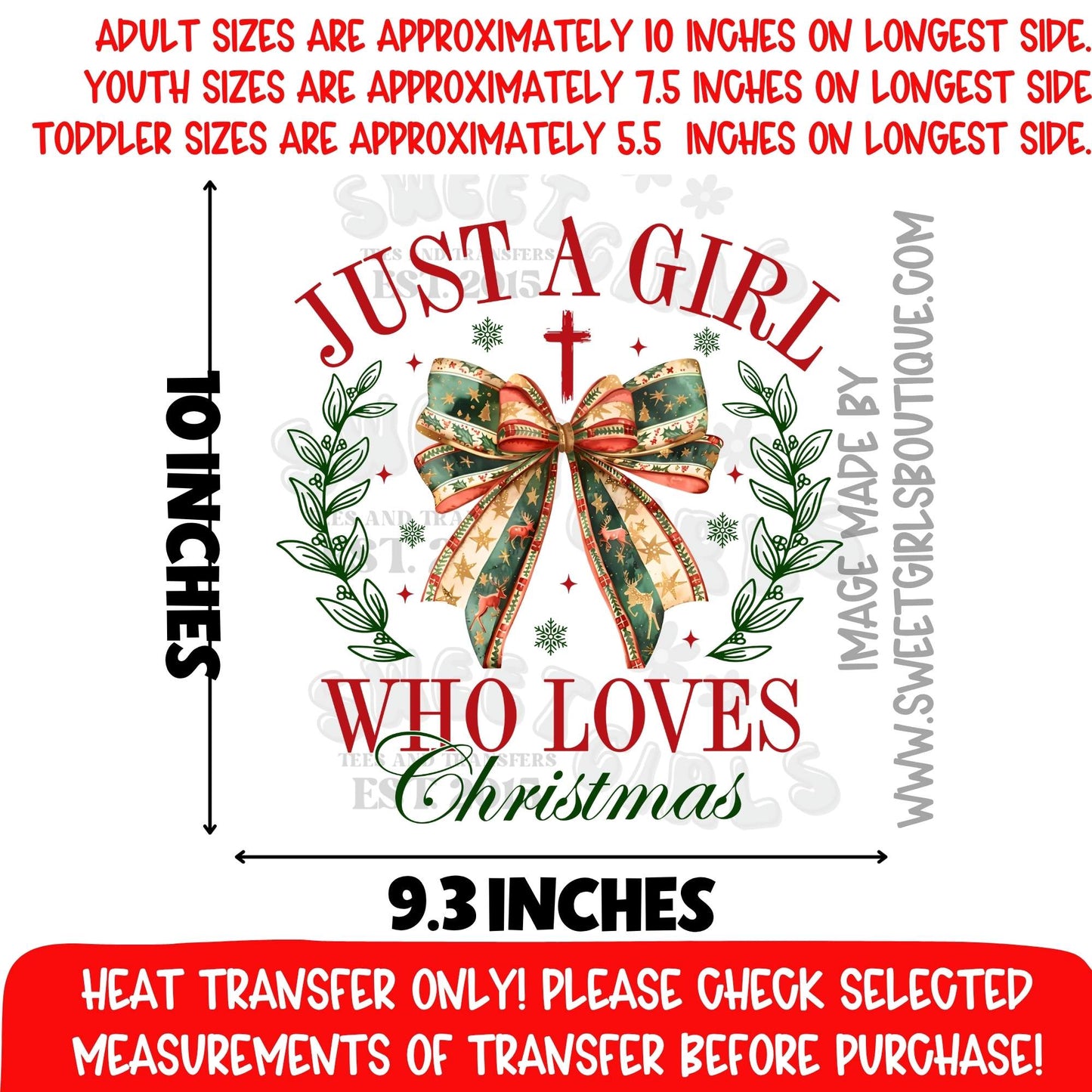 JUST A GIRL WHO LOVES CHRISTMAS BOW HEAT TRANSFER CHRISTMAS GIRLIE DTF PRINT NOT A SHIRT