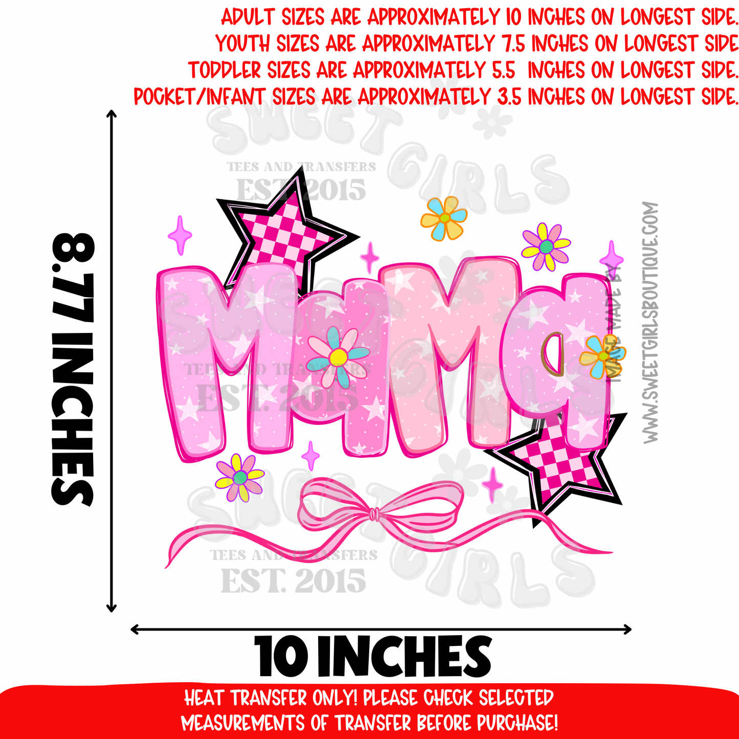 Pink MAMA Heat Transfer | Retro Checkered Star DTF Print | Cute Daisy Bow Mom Shirt Iron On | Pink Aesthetic Applique | Ready to Press Cold Peel Transfer for Sweatshirts, Hoodies & Tees