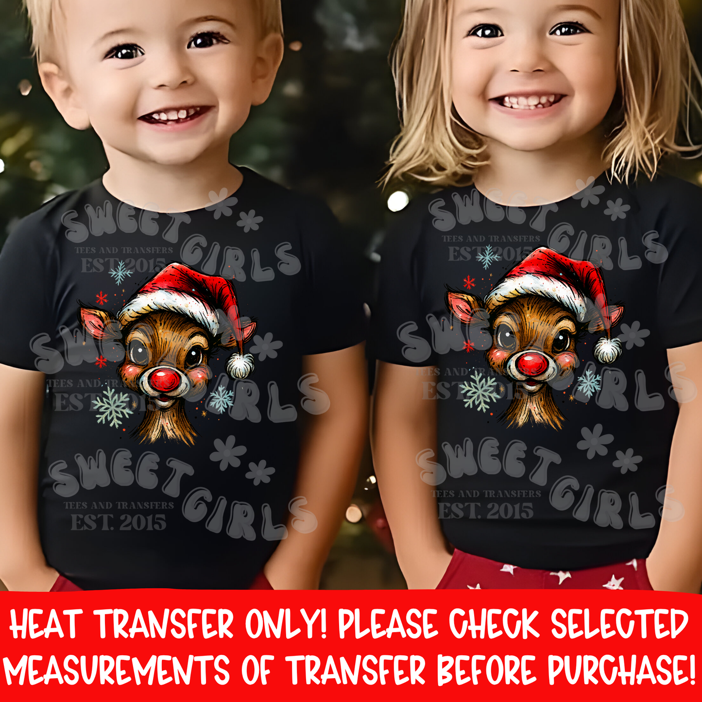Cute Rudolph Reindeer Christmas DTF Heat Transfer | Holiday Santa Hat Reindeer Iron-On | Ready to Press Cold Peel Transfer for DIY Holiday Tees & Sweatshirts