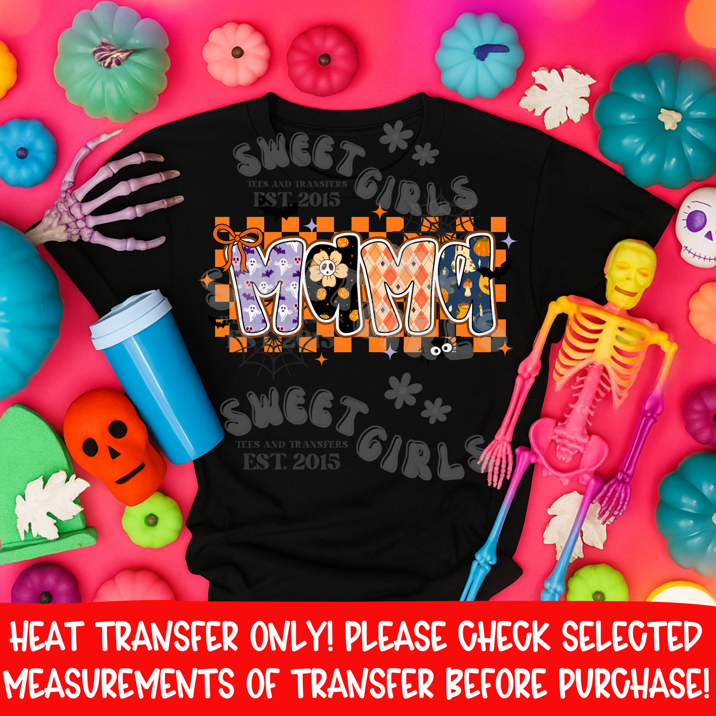 Halloween MAMA Heat Transfer | Spooky Plaid Letters DTF Print | Fall Mom Shirt Iron On | Ghost Spider Bat Pumpkin Applique | Ready to Press Cold Peel Transfer for Shirts, Hoodies, Sweatshirts