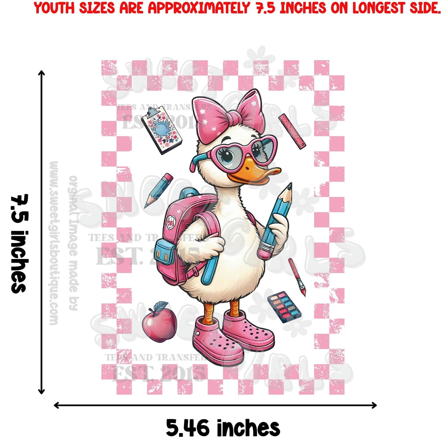 Back to School Duck DTF Heat Transfer β Pink or Blue Style β Cute Animal Student Shirt Design for DIY Fall Tees