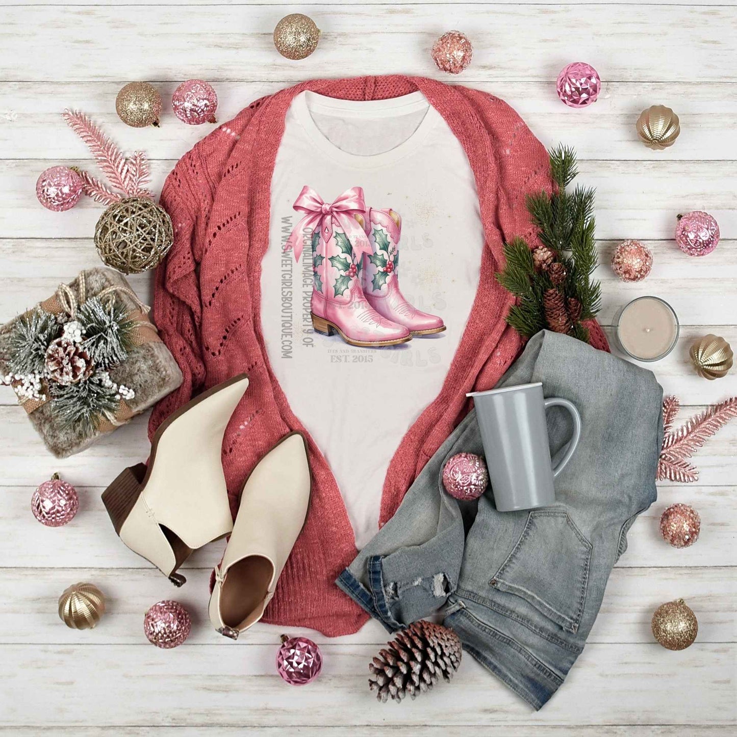 Pink Cowgirl Christmas Boots Heat Transfer – Western Holiday Holly Bow Iron-On DTF Print for DIY Shirts, Cute Country Christmas Printable Transfer