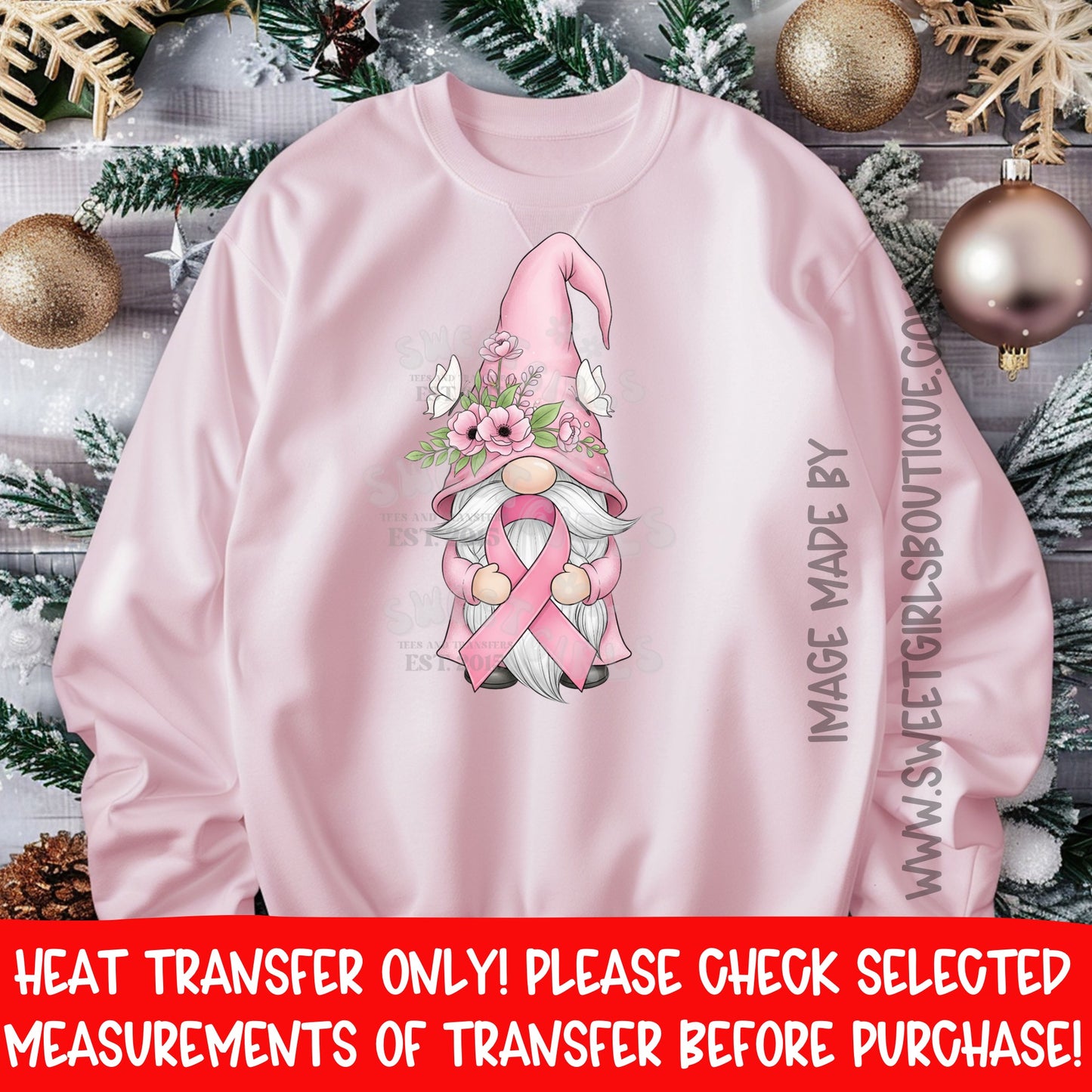 Pink Gnome Awareness Ribbon DTF Heat Transfer – Think Pink floral hat, support & survivor gift, October awareness printable transfer for shirts