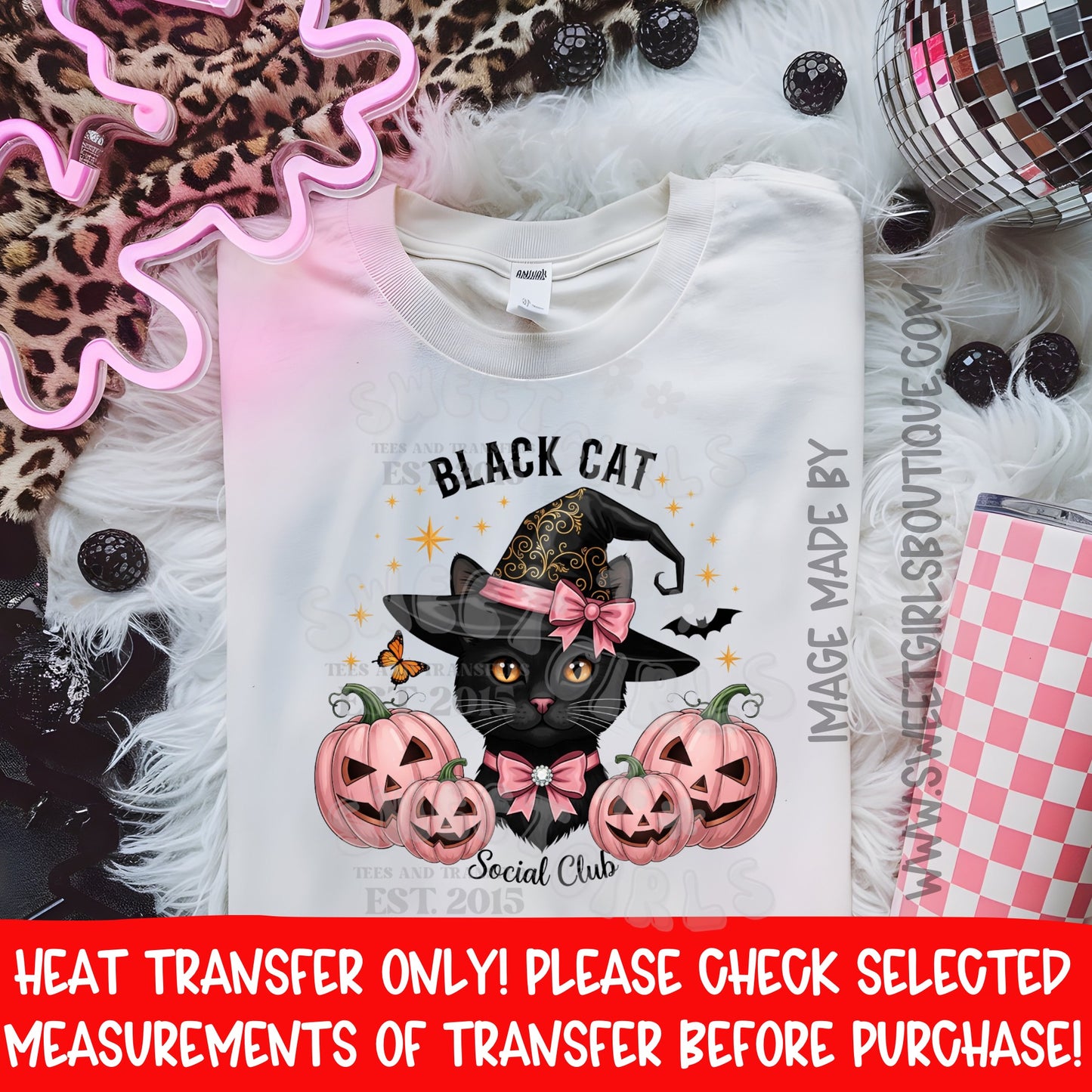 Black Cat Social Club DTF Heat Transfer – witch hat, pink pumpkins, gothic cute Halloween printable transfer for shirts