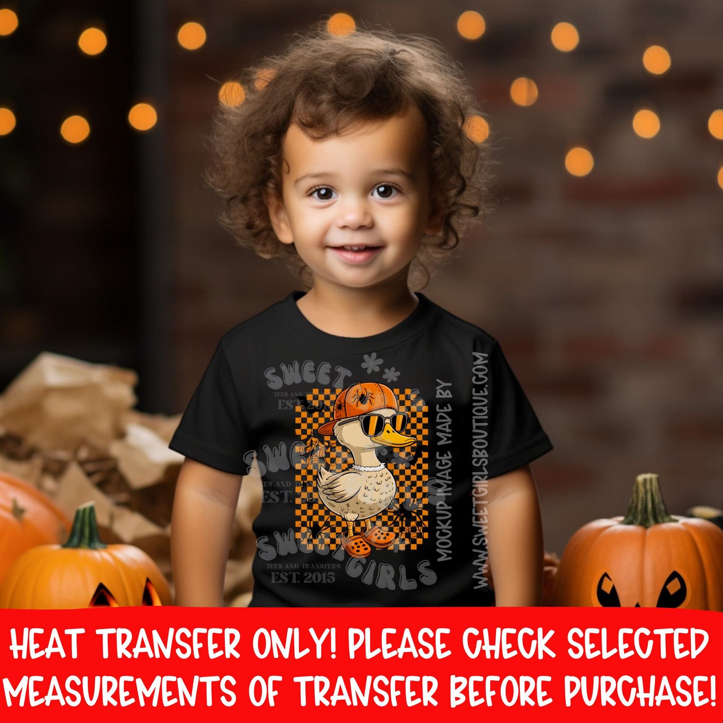 Halloween Duck Heat Transfer | Cool Goose with Pumpkin Hat Sunglasses Orange Black Checkered Fall DTF Iron-On Design