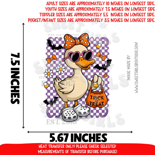 Halloween Duck Heat Transfer | Cute Goose in Bow Sunglasses Checkered Fall Orange Purple Trick or Treat Iron-On DTF Design