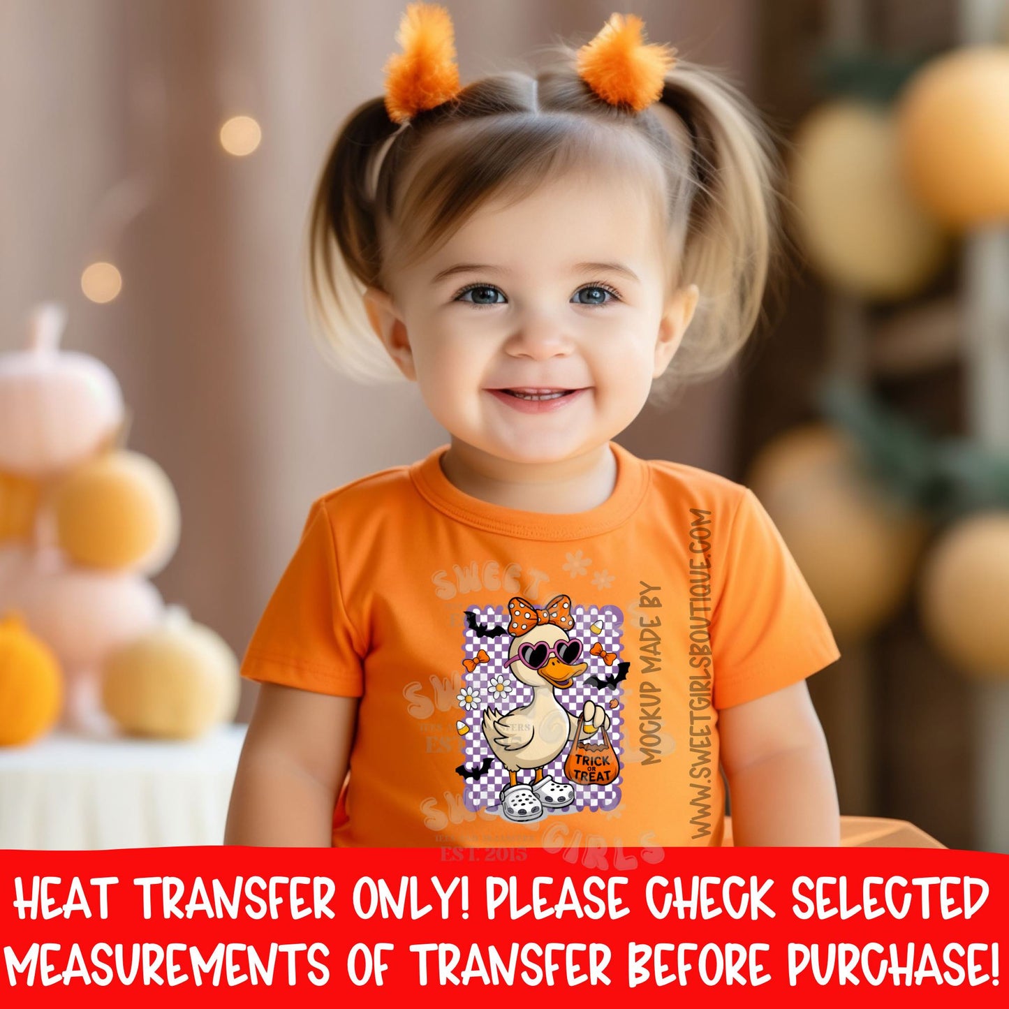 Halloween Duck Heat Transfer | Cute Goose in Bow Sunglasses Checkered Fall Orange Purple Trick or Treat Iron-On DTF Design
