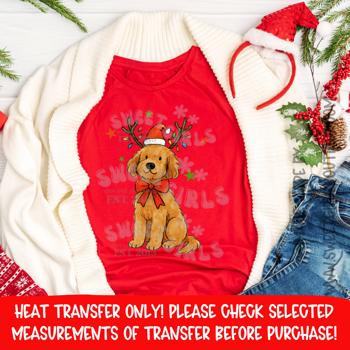 Golden Doodle Christmas Dog DTF Heat Transfer | Reindeer Antlers & Lights Holiday Iron-On | Ready to Press Cold Peel Transfer for DIY Festive Tees & Hoodies