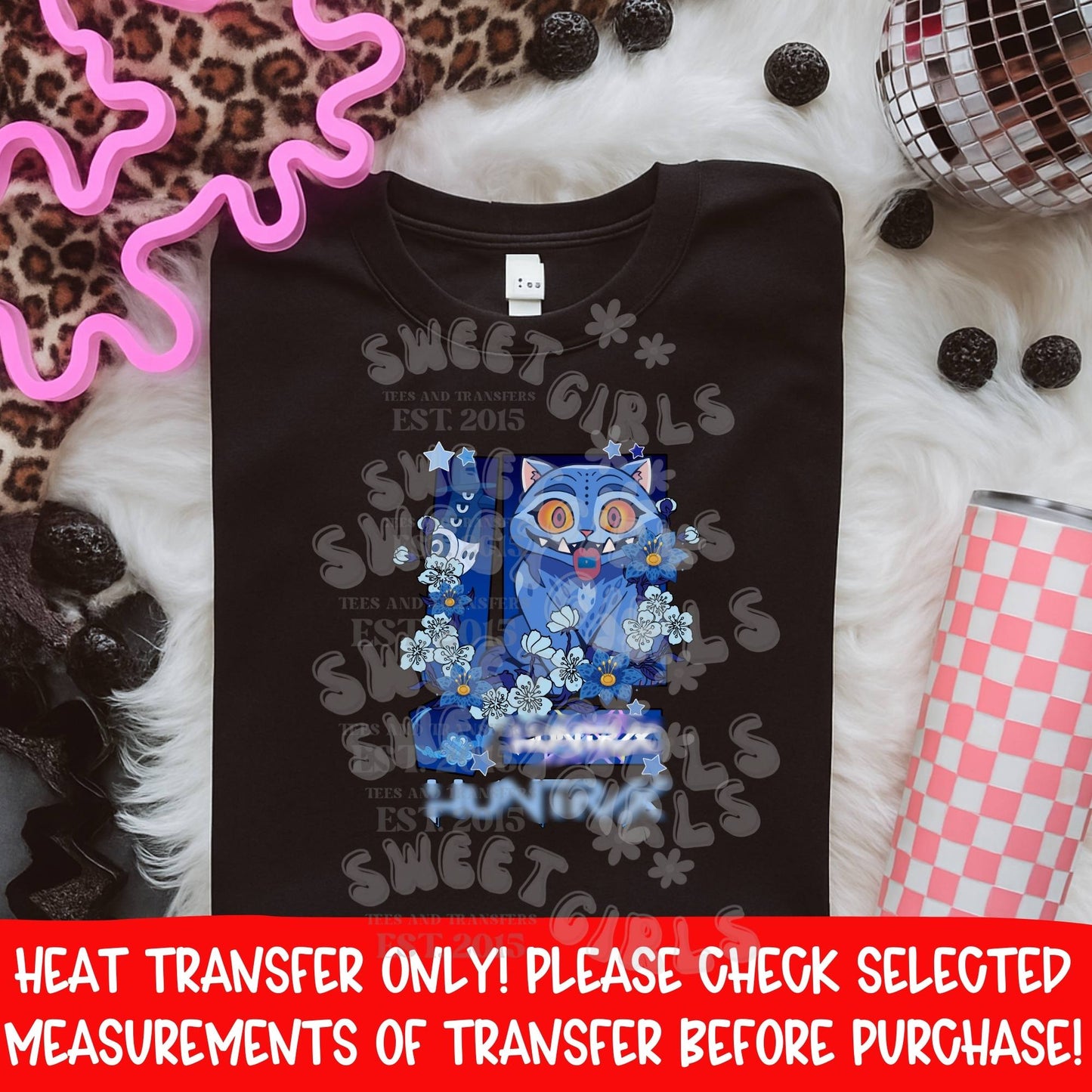 K‑Pop Anime Blue Cat DTF Heat Transfer – kawaii floral kitty, pastel aesthetic, cute otaku style printable transfer for shirts