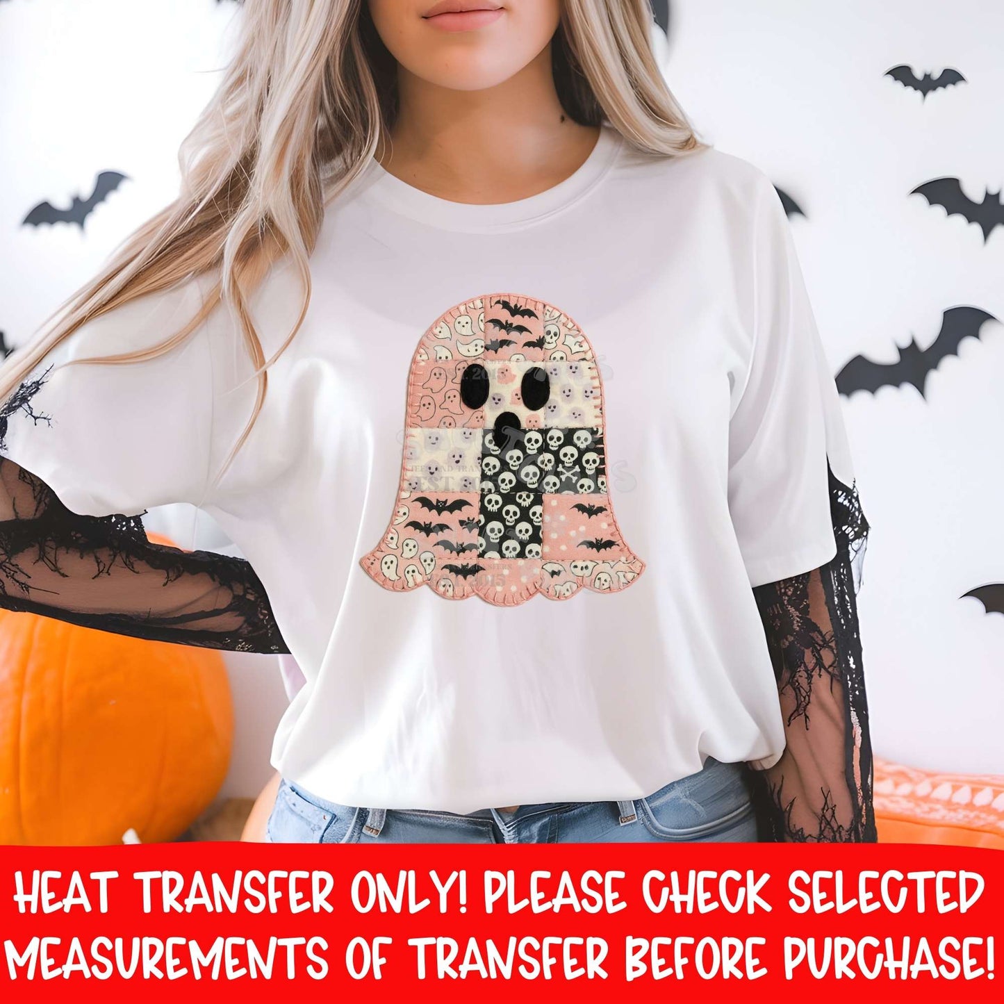 Halloween Patchwork Ghost DTF Heat Transfer | Cute Pink Skull Bat Ghost Iron-On | Fall Halloween Shirt DIY Printable Transfer