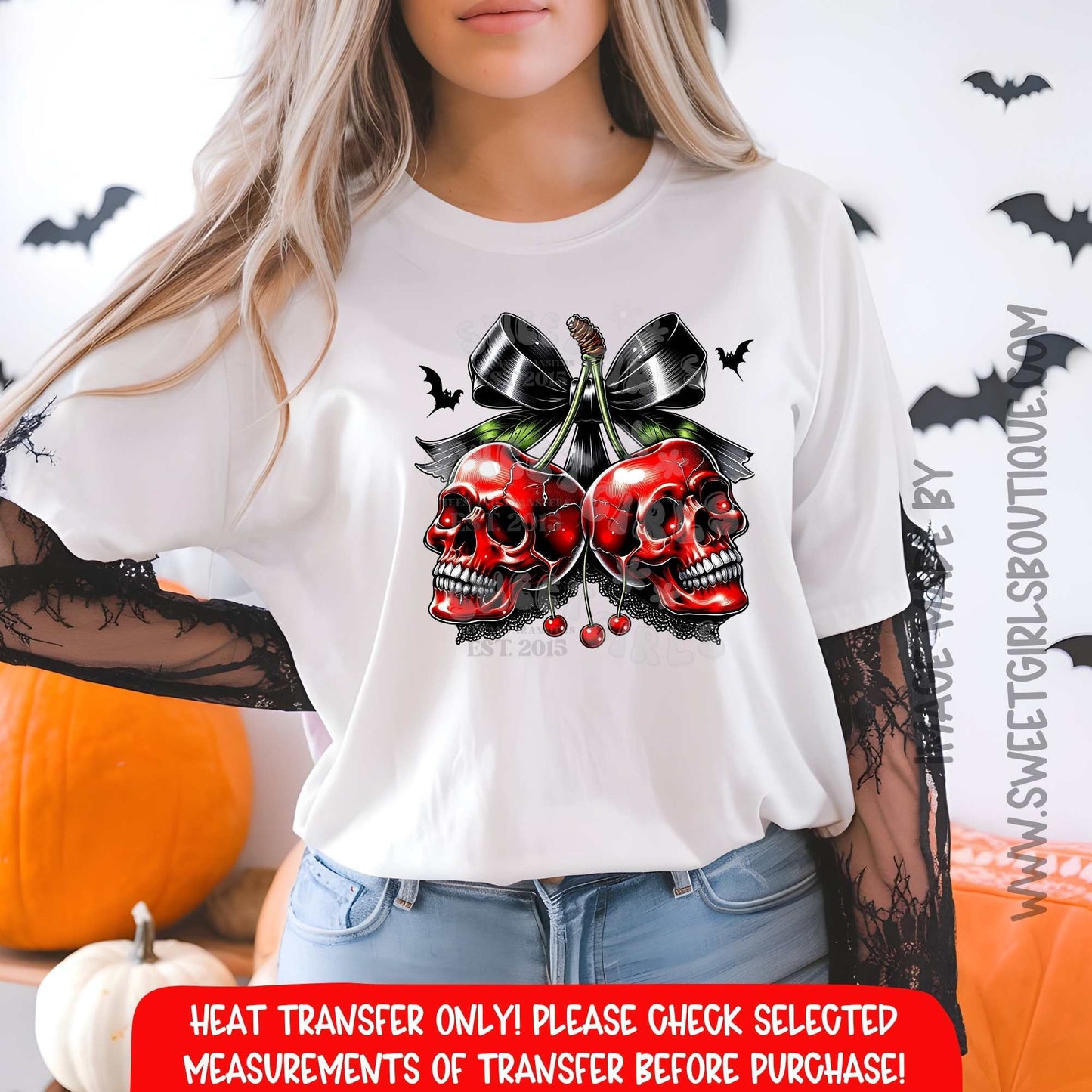 Spooky Cherry Skulls Halloween Heat Transfer – Red Skulls with Cherries & Black Bow DTF Print