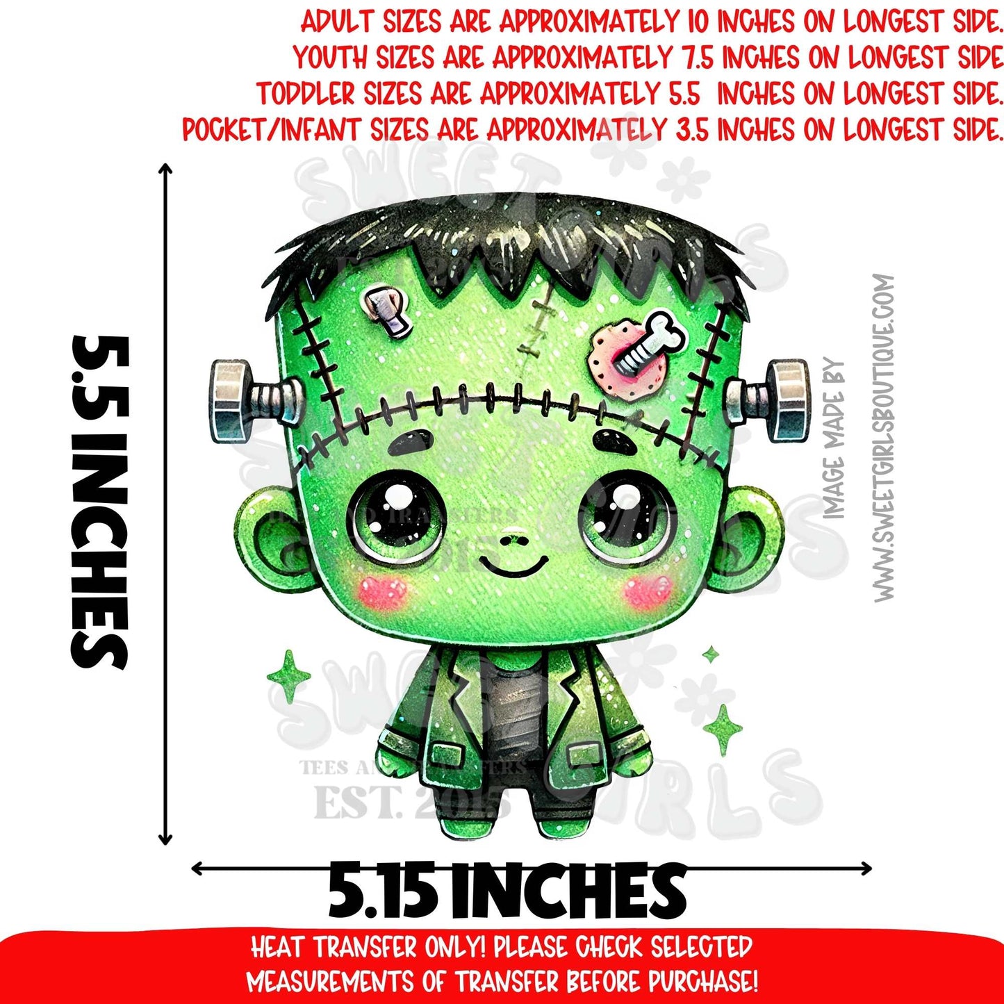 Kawaii Frankenstein Boy Halloween DTF Heat Transfer | Spooky Cute Green Monster Iron On Cold Peel