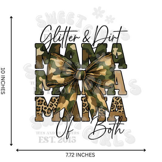 Glitter & Dirt MAMA DTF Transfer – Camo and Leopard Print Iron-On – Country Mom Life Heat Transfer for Tees, Totes, Gifts – Washable & Ready to Press
