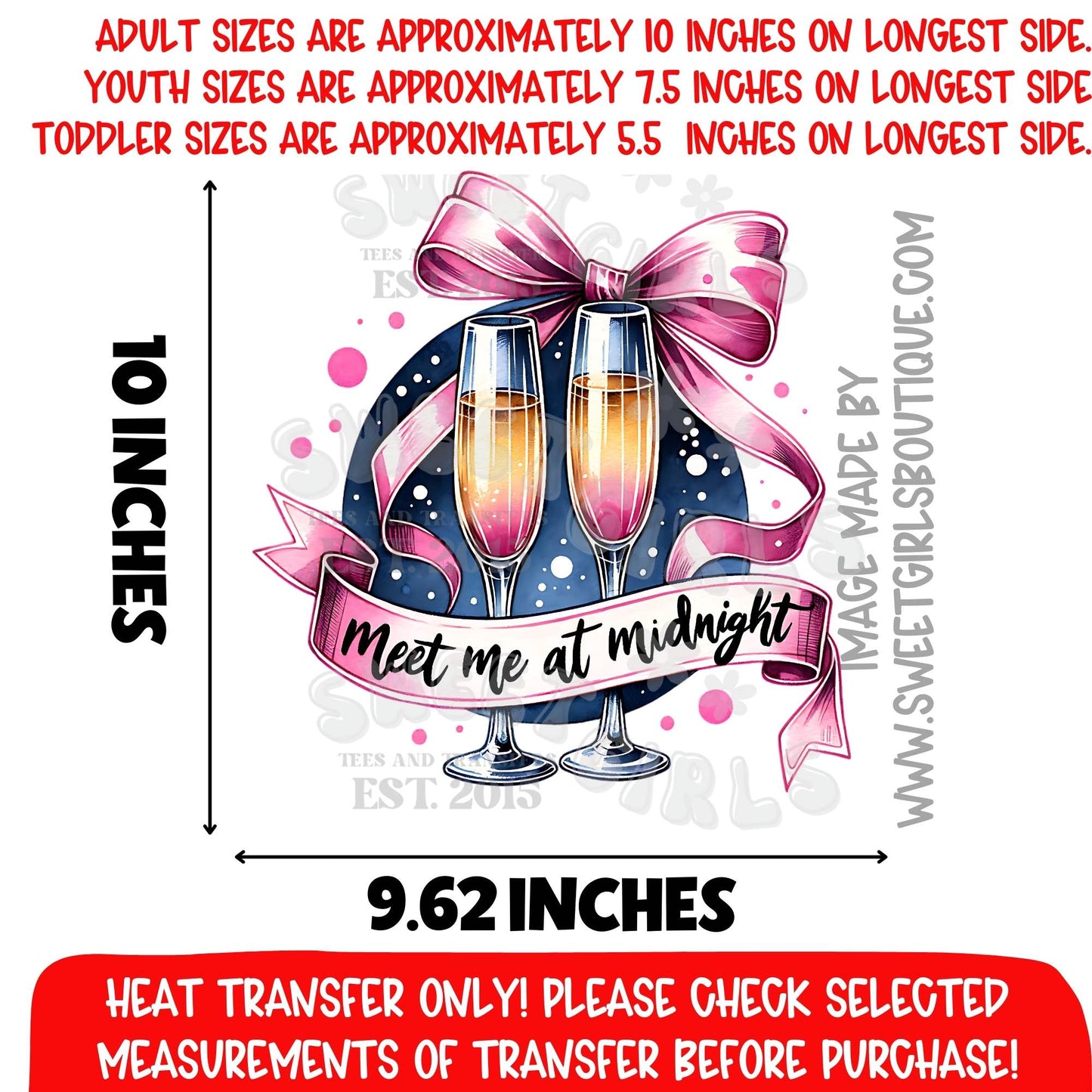Meet Me At Midnight Champagne Bow New Year Heat Transfer – Glam Sparkle DTF Print (Not a Shirt)