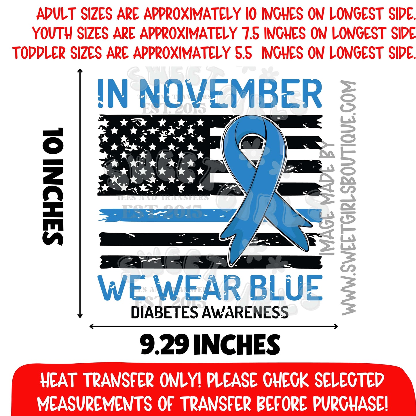 Wear Blue Diabetes Awareness DTF Heat Transfer | American Flag Blue Ribbon Iron On