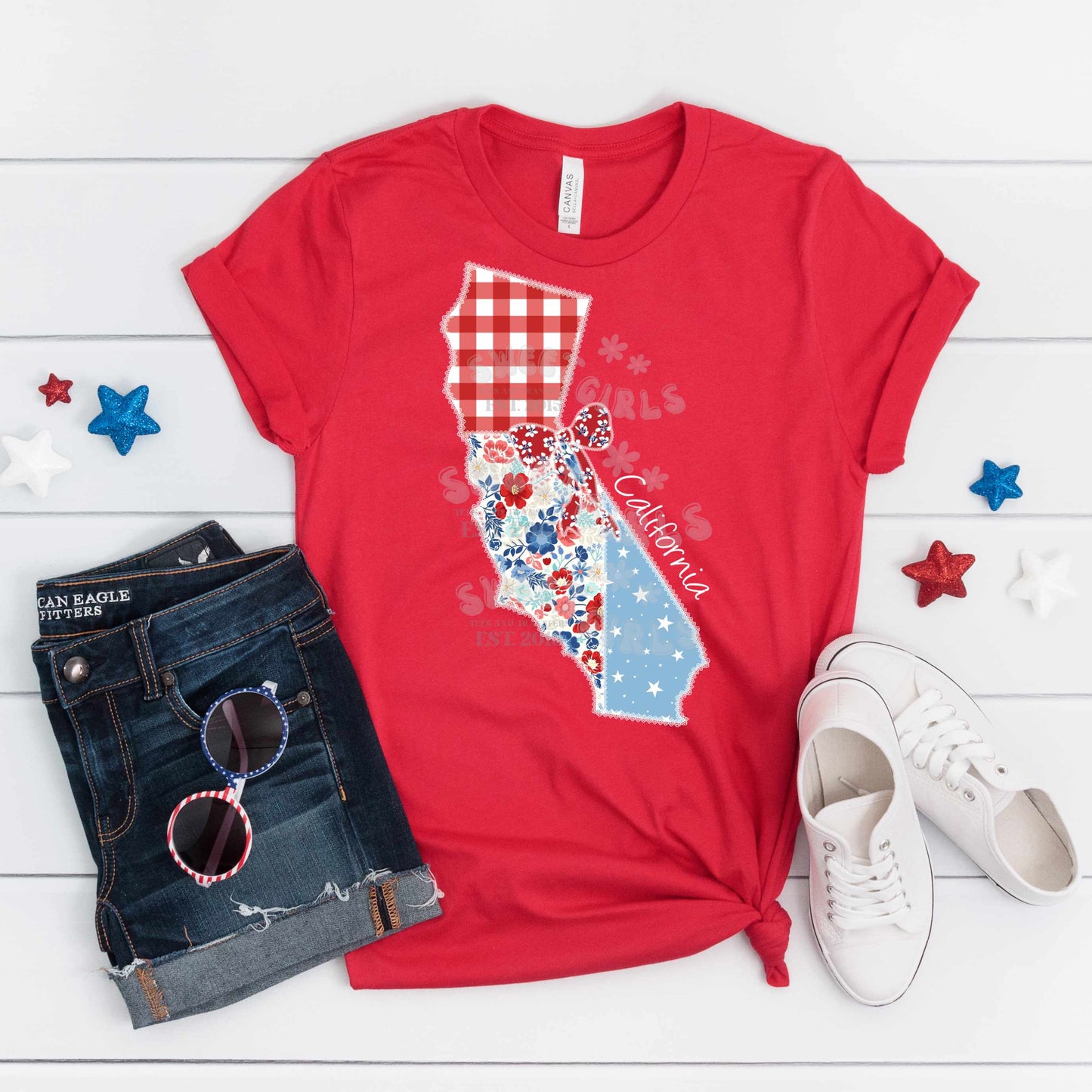 California State Floral Patchwork Heat Transfer – Ready to Press Patriotic Bow Design – USA Floral Gingham & Stars Iron-On Transfer for Shirts, Bags, and More – Trendy Heat Transfer