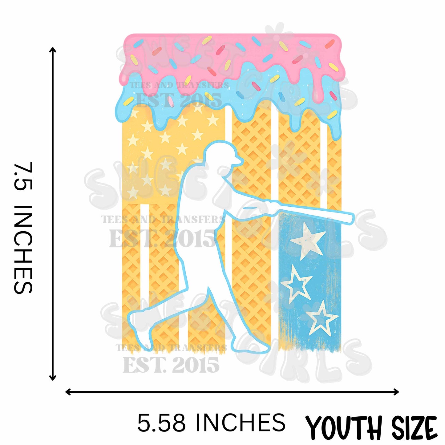 Ice Cream Baseball Drip DTF Transfer – Summer Sports Heat Transfer Sticker – Waffle Cone Star Baseball Design – Ready to Press Iron-On for Shirts & Bags