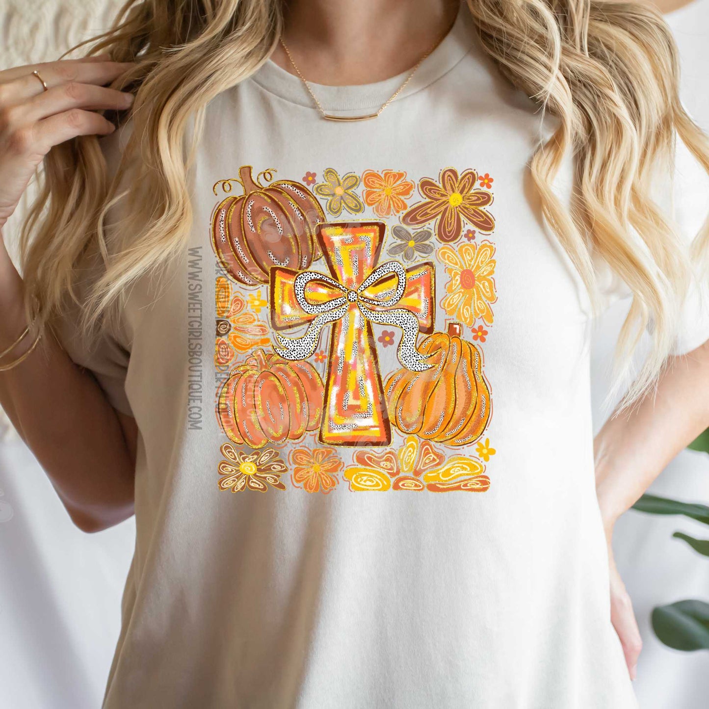 Fall Cross Pumpkins Heat Transfer – Ready to Press Autumn Cross & Pumpkin Print – Fall Floral Heat Transfer for Shirts & Crafts