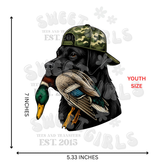Youth Duck Dog DTF Transfer – Black Lab with Mallard Duck Iron-On – Hunting Themed Youth Size Heat Transfer for Boys Tees & Hoodies – Washable & Press Ready