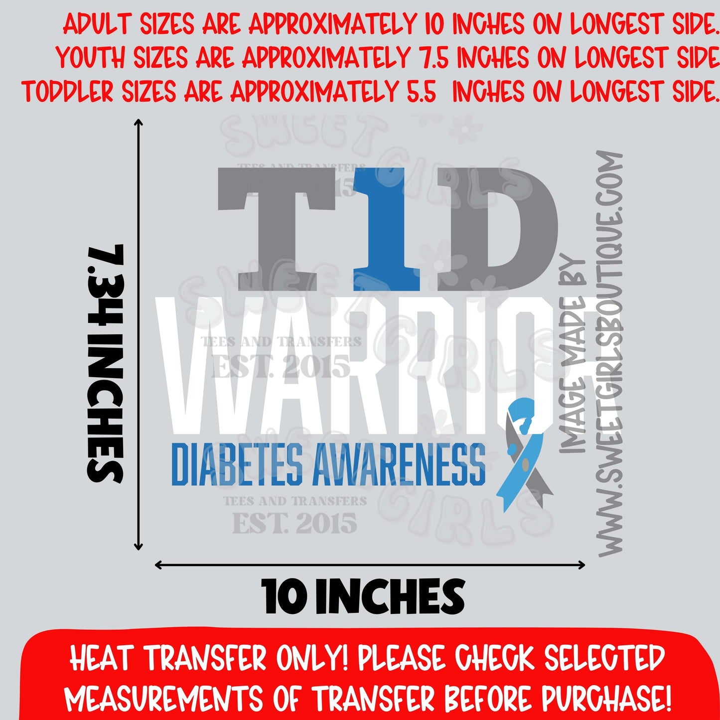 T1D Warrior Diabetes Awareness DTF Heat Transfer | Type 1 Wear Blue Iron On
