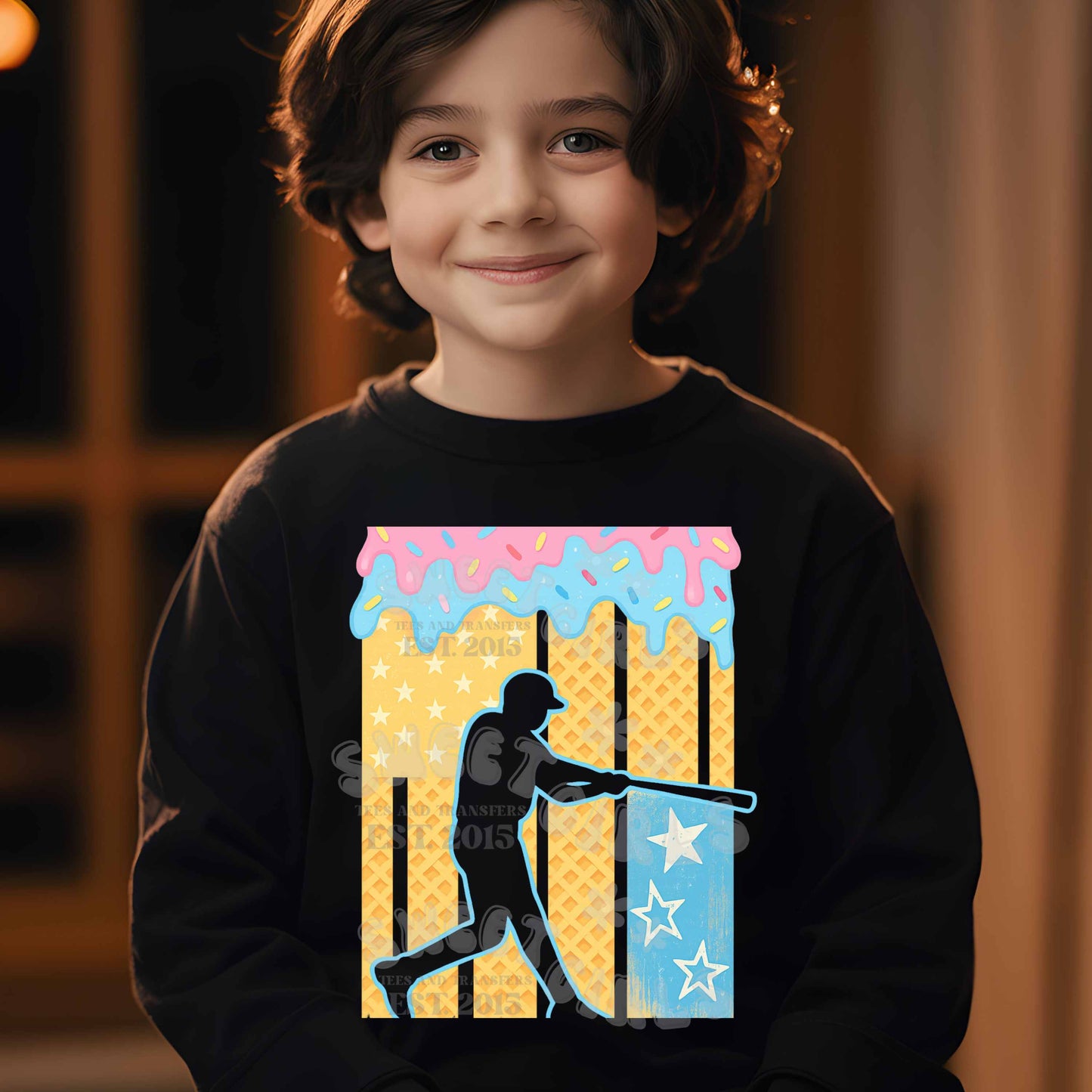 Ice Cream Baseball Drip DTF Transfer – Summer Sports Heat Transfer Sticker – Waffle Cone Star Baseball Design – Ready to Press Iron-On for Shirts & Bags