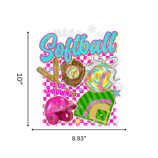 Softball Checkered DTF Transfer – Pink Neon Glove Bat Iron-On – Bold Softball Collage Heat Transfer for Mom Shirts, Players, Totes – Washable and Press Ready