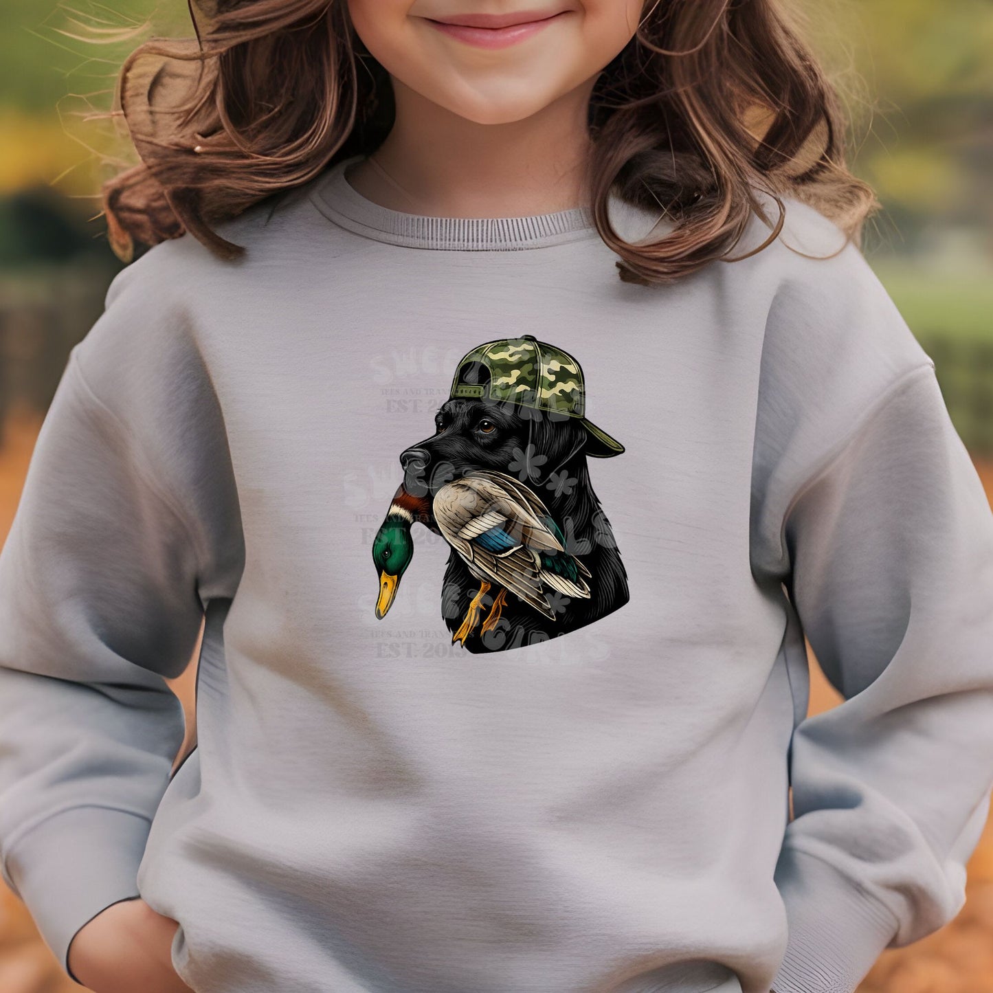 Youth Duck Dog DTF Transfer – Black Lab with Mallard Duck Iron-On – Hunting Themed Youth Size Heat Transfer for Boys Tees & Hoodies – Washable & Press Ready