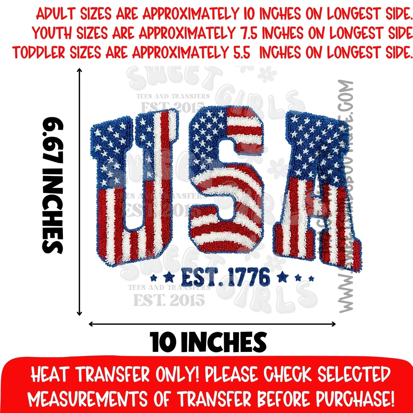 USA American Flag Chenille Heat Transfer DTF Iron On Printable Transfer Patriotic July Fourth Independence Day Not a Shirt