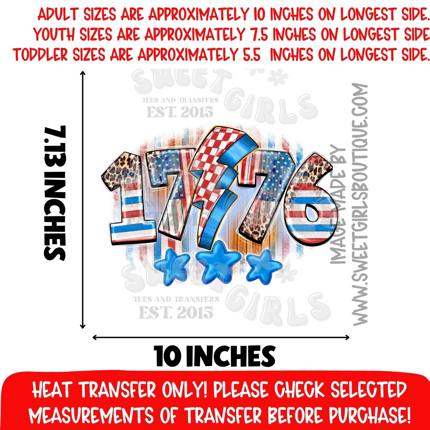 1776 Patriotic Lightning Heat Transfer DTF Iron On Printable Transfer USA Freedom Independence Day Not a Shirt