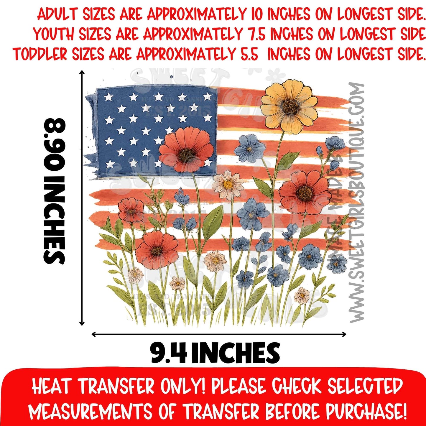 American Flag Wildflower Heat Transfer DTF Iron On Printable Transfer Patriotic Floral USA Summer Not a Shirt