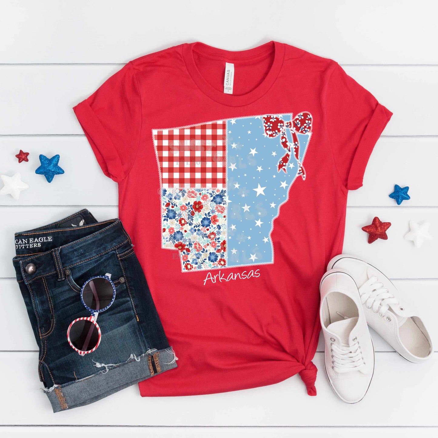 Arkansas Patriotic State Heat Transfer – Ready to Press USA Bow Floral Patch Design – Iron-On Transfer for T-Shirts, DIY Crafts, and Handmade Gifts – Washable and Durable Heat Transfer Stickers