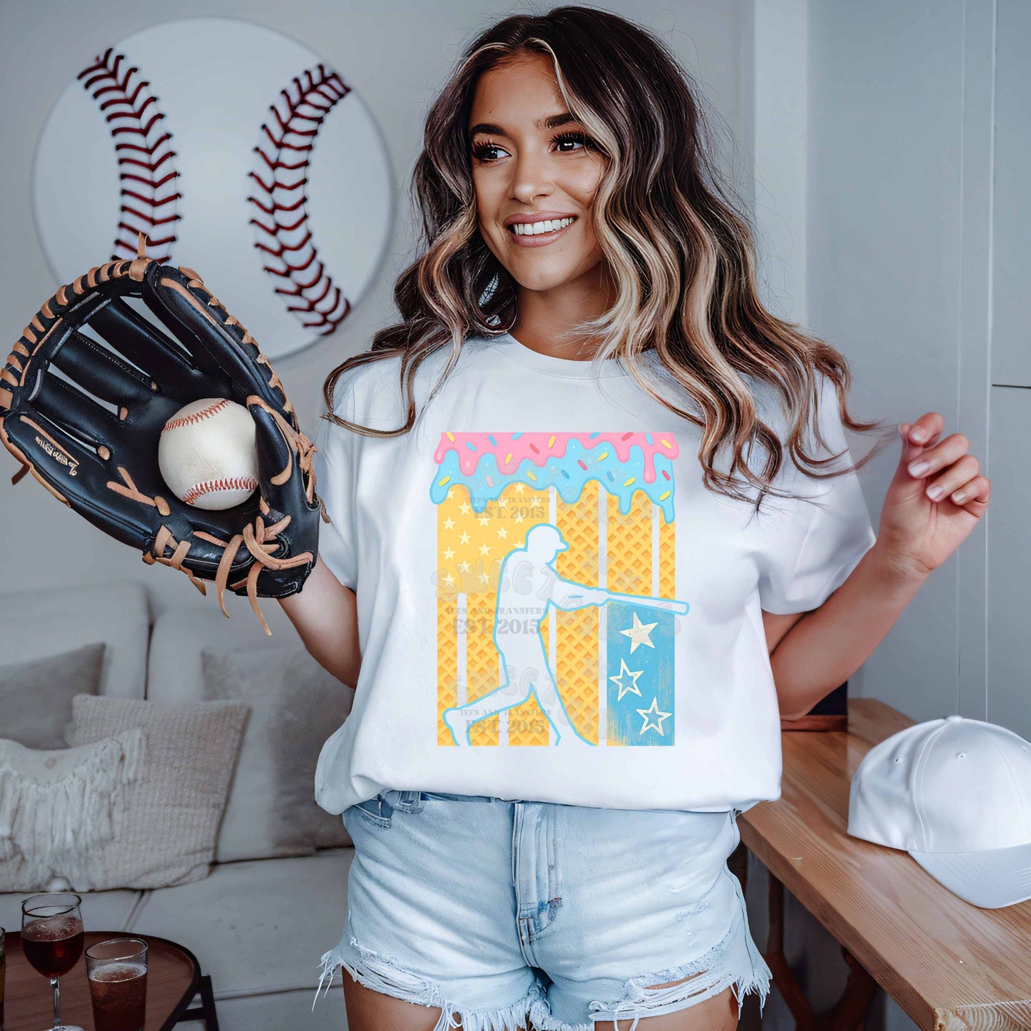 Ice Cream Baseball Drip DTF Transfer – Summer Sports Heat Transfer Sticker – Waffle Cone Star Baseball Design – Ready to Press Iron-On for Shirts & Bags