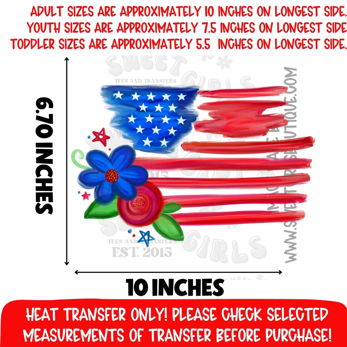 Painted American Flag Floral Heat Transfer DTF Iron On Printable Transfer Patriotic USA Art Design Not a Shirt