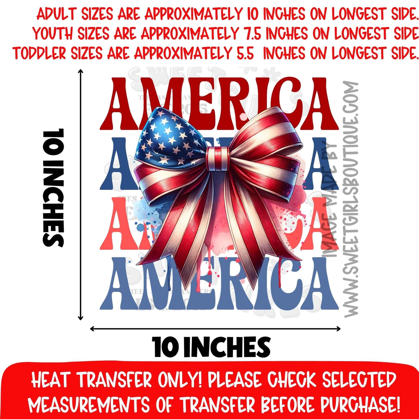 America Patriotic Bow Heat Transfer DTF Iron On Printable Transfer Fourth of July USA Cute Not a Shirt