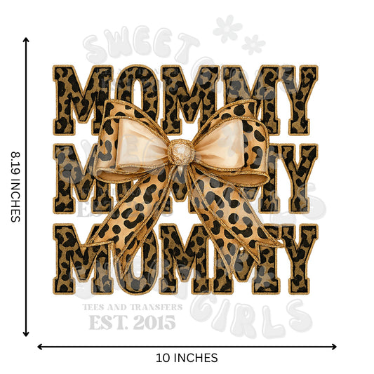 MOMMY Leopard Bow DTF Transfer – Elegant Gold and Black Cheetah Iron-On – Fancy Mommy Life Heat Transfer for Shirts, Totes & More – Press Ready