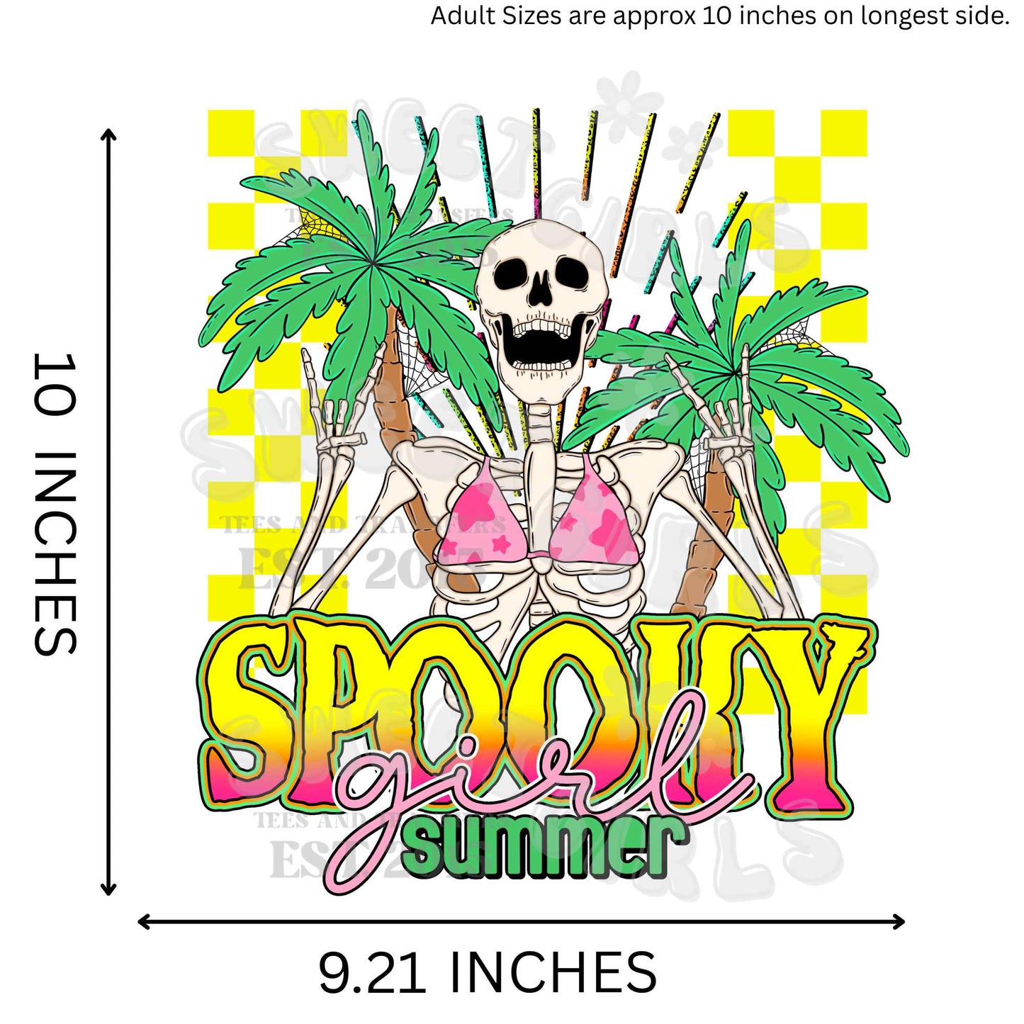 Spooky Girl Summer Skeleton Palm Tree Checkered Neon DTF Transfer – Cute Halloween Heat Transfer Iron-On for Shirts, Hoodies & Totes