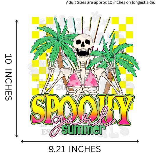Spooky Girl Summer Skeleton Palm Tree Checkered Neon DTF Transfer – Cute Halloween Heat Transfer Iron-On for Shirts, Hoodies & Totes