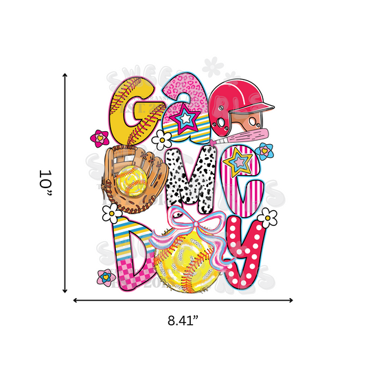 Game Day Softball DTF Transfer – Bow Ball Helmet Iron-On – Colorful Softball Graphic Heat Transfer for Mom Shirts, Totes, and Fanwear – Press Ready