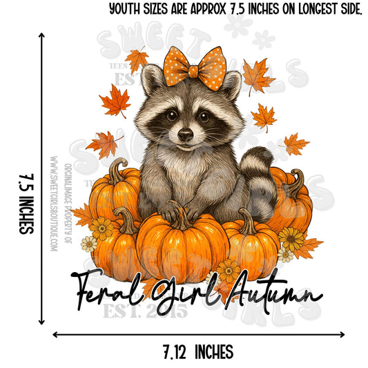 Feral Girl Autumn DTF Transfer – Ready to Press Raccoon in Pumpkins Fall Heat Transfer – Cozy & Cute Fall Iron-On
