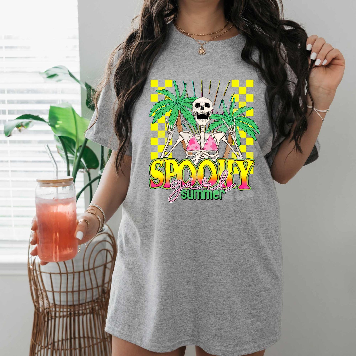 Spooky Girl Summer Skeleton Palm Tree Checkered Neon DTF Transfer – Cute Halloween Heat Transfer Iron-On for Shirts, Hoodies & Totes