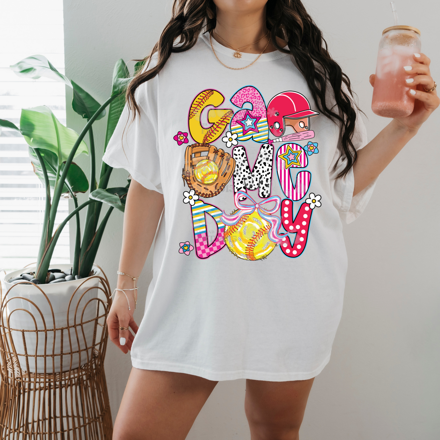 Game Day Softball DTF Transfer – Bow Ball Helmet Iron-On – Colorful Softball Graphic Heat Transfer for Mom Shirts, Totes, and Fanwear – Press Ready